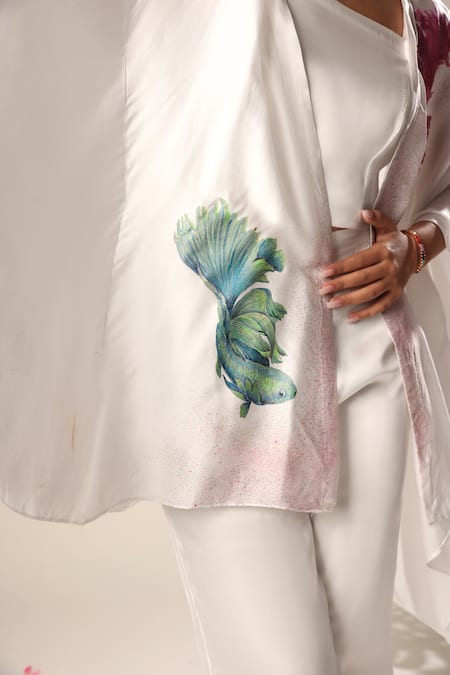 Shop Kyra By Nina + Deepika Ivory Satin Open , Square Hand Painted Dancing Bettas Jacket Pant Set Online at Aza Fashions Shop_Kyra By Nina + Deepika_Ivory Satin Open , Square Hand Painted Dancing Bettas Jacket Pant Set _Online_at_Aza_Fashions