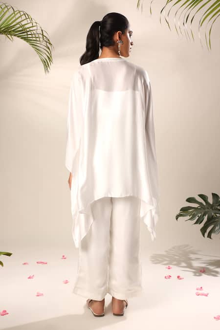 Shop Kyra By Nina + Deepika Ivory Satin Open , Square Hand Painted Dancing Bettas Jacket Pant Set at Aza Fashions Shop_Kyra By Nina + Deepika_Ivory Satin Open , Square Hand Painted Dancing Bettas Jacket Pant Set _at_Aza_Fashions