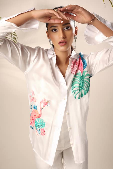 Kyra By Nina + Deepika_Ivory Modal, Satin Collared Hand Painted Monstera And Flamingo Shirt With Pant _Online_at_Aza_Fashions