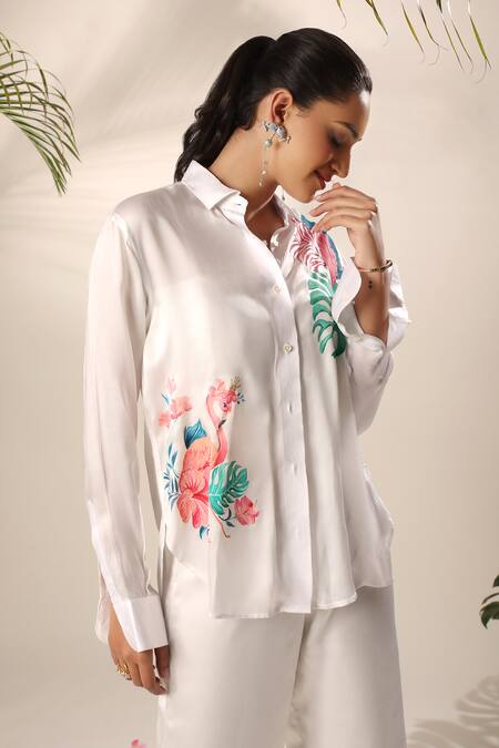 Buy_Kyra By Nina + Deepika_Ivory Modal, Satin Collared Hand Painted Monstera And Flamingo Shirt With Pant _Online_at_Aza_Fashions