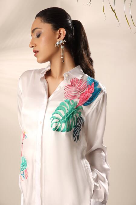 Shop_Kyra By Nina + Deepika_Ivory Modal, Satin Collared Hand Painted Monstera And Flamingo Shirt With Pant _Online_at_Aza_Fashions