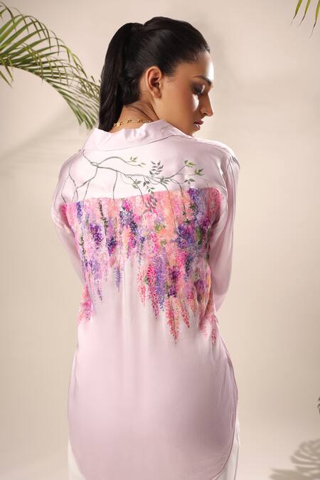 Kyra By Nina + Deepika Purple Modal, Satin Embroidery Collared Hand Painted Flower Vine Shirt Online at Aza Fashions Kyra By Nina + Deepika_Purple Modal, Satin Embroidery Collared Hand Painted Flower Vine Shirt _Online_at_Aza_Fashions
