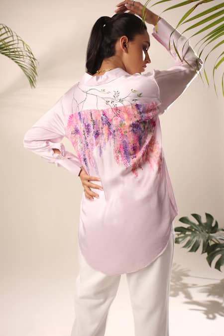 Buy Kyra By Nina + Deepika Purple Modal, Satin Embroidery Collared Hand Painted Flower Vine Shirt Online at Aza Fashions Buy_Kyra By Nina + Deepika_Purple Modal, Satin Embroidery Collared Hand Painted Flower Vine Shirt _Online_at_Aza_Fashions
