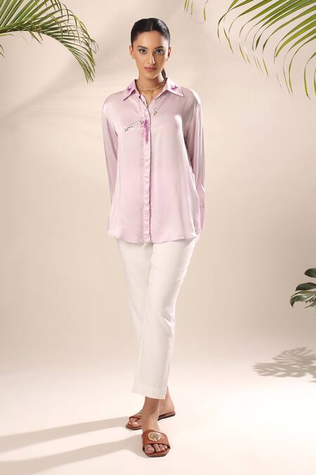 Kyra By Nina + Deepika Purple Modal, Satin Embroidery Collared Hand Painted Flower Vine Shirt