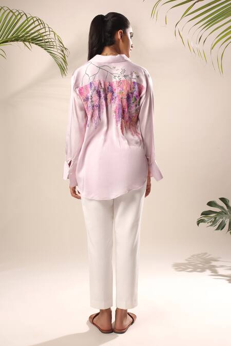 Shop Kyra By Nina + Deepika Purple Modal, Satin Embroidery Collared Hand Painted Flower Vine Shirt at Aza Fashions Shop_Kyra By Nina + Deepika_Purple Modal, Satin Embroidery Collared Hand Painted Flower Vine Shirt _at_Aza_Fashions
