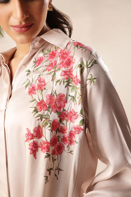 Kyra By Nina + Deepika Beige Modal, Satin Embroidery Collared Placement Hand Painted Shirt Online at Aza Fashions Kyra By Nina + Deepika_Beige Modal, Satin Embroidery Collared Placement Hand Painted Shirt _Online_at_Aza_Fashions