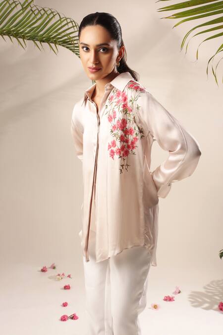 Buy Kyra By Nina + Deepika Beige Modal, Satin Embroidery Collared Placement Hand Painted Shirt Online at Aza Fashions Buy_Kyra By Nina + Deepika_Beige Modal, Satin Embroidery Collared Placement Hand Painted Shirt _Online_at_Aza_Fashions