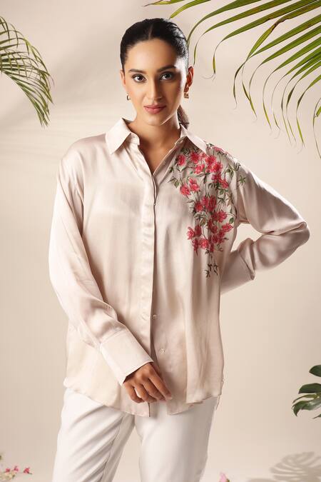 Shop Kyra By Nina + Deepika Beige Modal, Satin Embroidery Collared Placement Hand Painted Shirt Online at Aza Fashions Shop_Kyra By Nina + Deepika_Beige Modal, Satin Embroidery Collared Placement Hand Painted Shirt _Online_at_Aza_Fashions