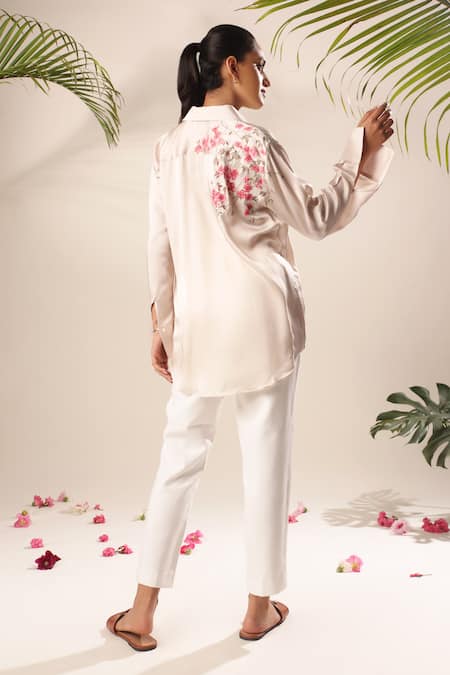 Shop Kyra By Nina + Deepika Beige Modal, Satin Embroidery Collared Placement Hand Painted Shirt at Aza Fashions Shop_Kyra By Nina + Deepika_Beige Modal, Satin Embroidery Collared Placement Hand Painted Shirt _at_Aza_Fashions