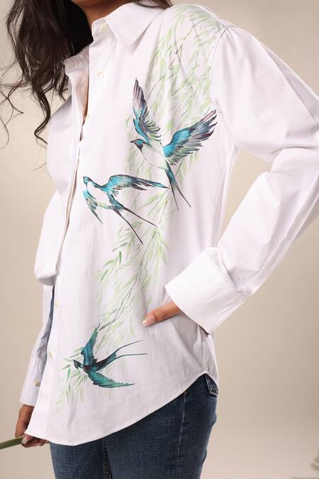 Buy Kyra By Nina + Deepika White Cotton Collared Hand Painted Flying Birds Shirt Online at Aza Fashions Buy_Kyra By Nina + Deepika_White Cotton Collared Hand Painted Flying Birds Shirt _Online_at_Aza_Fashions