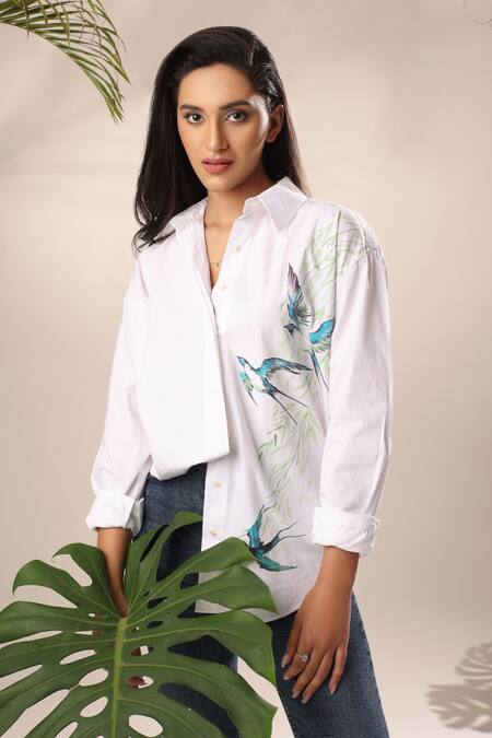 Shop Kyra By Nina + Deepika White Cotton Collared Hand Painted Flying Birds Shirt Online at Aza Fashions Shop_Kyra By Nina + Deepika_White Cotton Collared Hand Painted Flying Birds Shirt _Online_at_Aza_Fashions