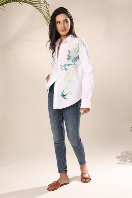 Kyra By Nina + Deepika White Cotton Collared Hand Painted Flying Birds Shirt
