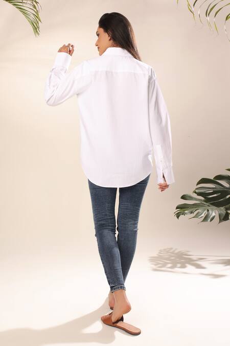 Shop Kyra By Nina + Deepika White Cotton Collared Hand Painted Flying Birds Shirt at Aza Fashions Shop_Kyra By Nina + Deepika_White Cotton Collared Hand Painted Flying Birds Shirt _at_Aza_Fashions