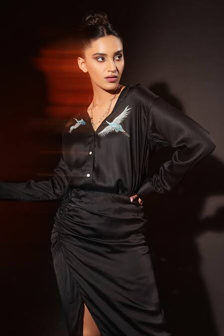 Buy Kyra By Nina + Deepika Black Modal, Satin Collared Placement Hand Painted Shirt With Skirt Online at Aza Fashions Buy_Kyra By Nina + Deepika_Black Modal, Satin Collared Placement Hand Painted Shirt With Skirt _Online_at_Aza_Fashions