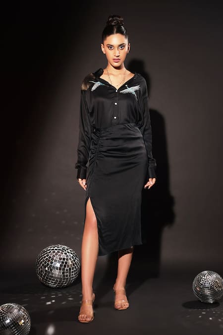 Kyra By Nina + Deepika Black Modal, Satin Collared Placement Hand Painted Shirt With Skirt