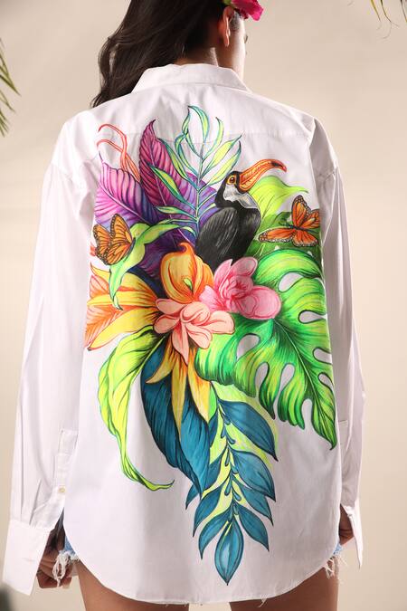 Kyra By Nina + Deepika White Cotton Collared Hand Painted Toucan Shirt Online at Aza Fashions Kyra By Nina + Deepika_White Cotton Collared Hand Painted Toucan Shirt _Online_at_Aza_Fashions