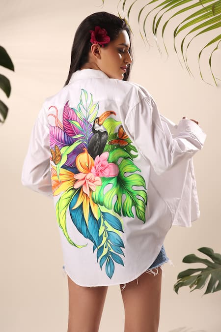 Buy Kyra By Nina + Deepika White Cotton Collared Hand Painted Toucan Shirt Online at Aza Fashions Buy_Kyra By Nina + Deepika_White Cotton Collared Hand Painted Toucan Shirt _Online_at_Aza_Fashions