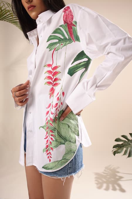 Shop Kyra By Nina + Deepika White Cotton Embroidery Collared Hand Painted Heliconia Shirt Online at Aza Fashions Shop_Kyra By Nina + Deepika_White Cotton Embroidery Collared Hand Painted Heliconia Shirt _Online_at_Aza_Fashions