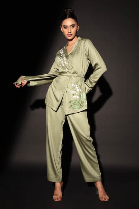 Kyra By Nina + Deepika_Green Cotton, Rayon, Satin Embroidery Hand Painted Lilies Jacket And Pant Set _Online_at_Aza_Fashions
