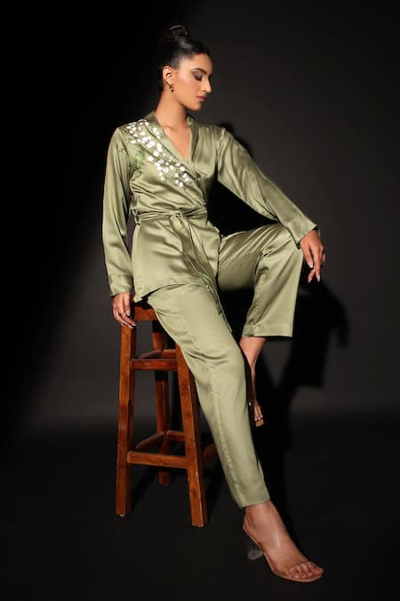 Shop_Kyra By Nina + Deepika_Green Cotton, Rayon, Satin Embroidery Hand Painted Lilies Jacket And Pant Set _Online_at_Aza_Fashions