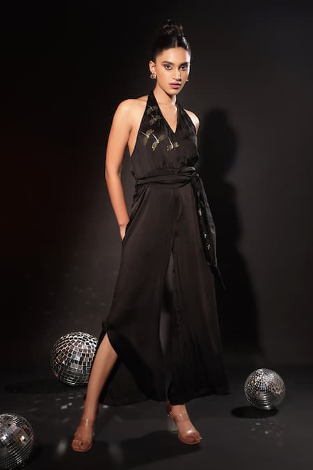 Kyra By Nina + Deepika Black Modal Embroidery V-neck Hand Painted Dragon Fly Jumpsuit With Belt Online at Aza Fashions Kyra By Nina + Deepika_Black Modal Embroidery V-neck Hand Painted Dragon Fly Jumpsuit With Belt _Online_at_Aza_Fashions