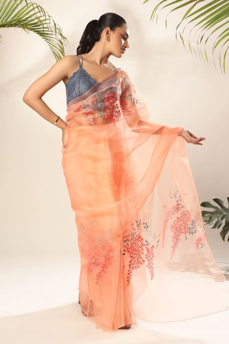 Kyra By Nina + Deepika_Peach Silk Organza Floral Hand Painted Saree With Unstitched Blouse Fabric _Online_at_Aza_Fashions