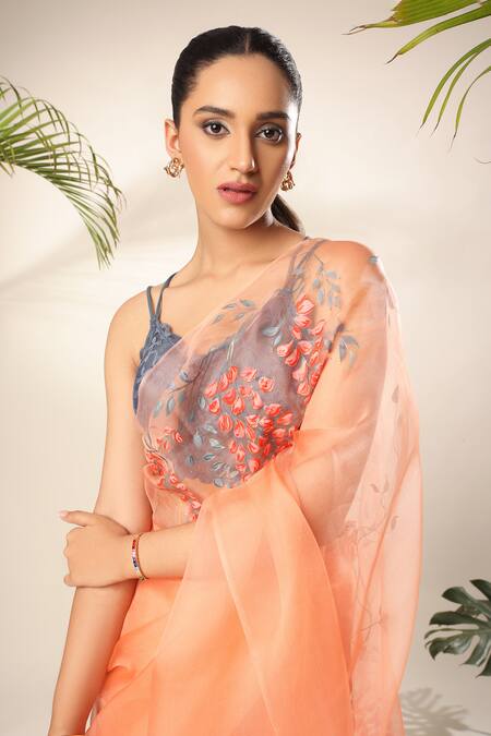 Buy_Kyra By Nina + Deepika_Peach Silk Organza Floral Hand Painted Saree With Unstitched Blouse Fabric _Online_at_Aza_Fashions
