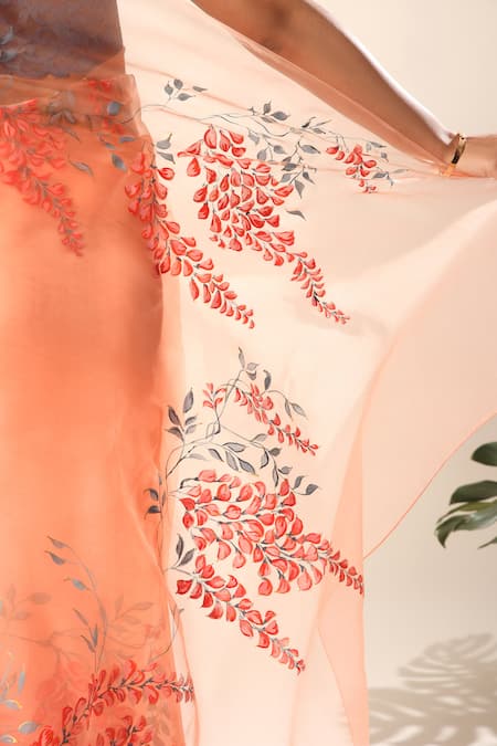 Shop_Kyra By Nina + Deepika_Peach Silk Organza Floral Hand Painted Saree With Unstitched Blouse Fabric _Online_at_Aza_Fashions