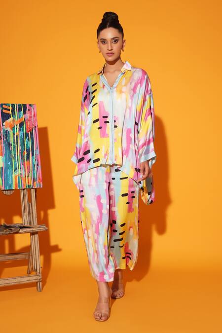 Kyra By Nina + Deepika Multi Color Modal, Satin Collared Abstract Print Shirt With Pant Online at Aza Fashions Kyra By Nina + Deepika_Multi Color Modal, Satin Collared Abstract Print Shirt With Pant _Online_at_Aza_Fashions