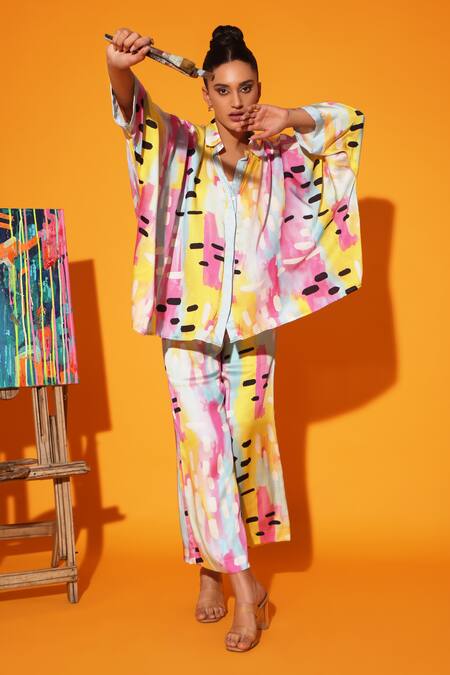 Buy Kyra By Nina + Deepika Multi Color Modal, Satin Collared Abstract Print Shirt With Pant Online at Aza Fashions Buy_Kyra By Nina + Deepika_Multi Color Modal, Satin Collared Abstract Print Shirt With Pant _Online_at_Aza_Fashions