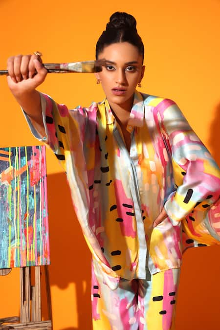 Shop Kyra By Nina + Deepika Multi Color Modal, Satin Collared Abstract Print Shirt With Pant Online at Aza Fashions Shop_Kyra By Nina + Deepika_Multi Color Modal, Satin Collared Abstract Print Shirt With Pant _Online_at_Aza_Fashions