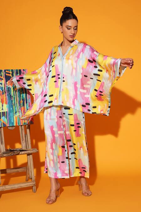 Kyra By Nina + Deepika Multi Color Modal, Satin Collared Abstract Print Shirt With Pant