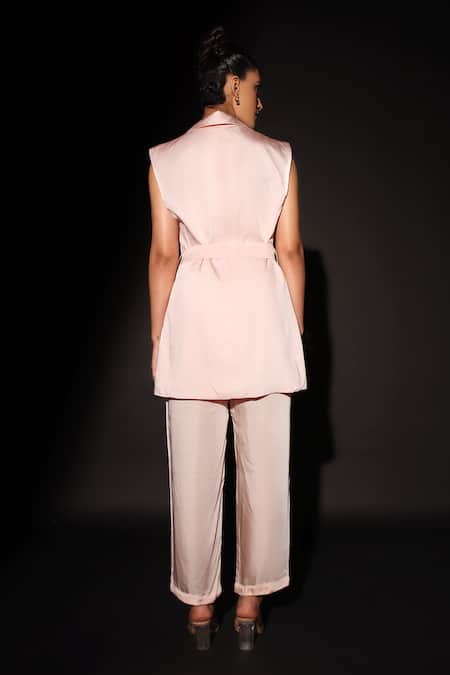 Shop Kyra By Nina + Deepika Pink Modal, Satin Collared Sakura Desire Hand Painted Waistcoat And Pant Set at Aza Fashions Shop_Kyra By Nina + Deepika_Pink Modal, Satin Collared Sakura Desire Hand Painted Waistcoat And Pant Set _at_Aza_Fashions