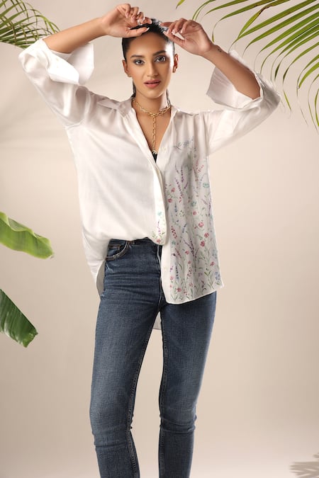 Kyra By Nina + Deepika Ivory Modal, Satin Collared Summer Garden Hand Painted Shirt Online at Aza Fashions Kyra By Nina + Deepika_Ivory Modal, Satin Collared Summer Garden Hand Painted Shirt _Online_at_Aza_Fashions