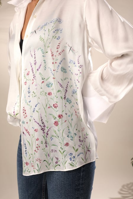 Buy Kyra By Nina + Deepika Ivory Modal, Satin Collared Summer Garden Hand Painted Shirt Online at Aza Fashions Buy_Kyra By Nina + Deepika_Ivory Modal, Satin Collared Summer Garden Hand Painted Shirt _Online_at_Aza_Fashions