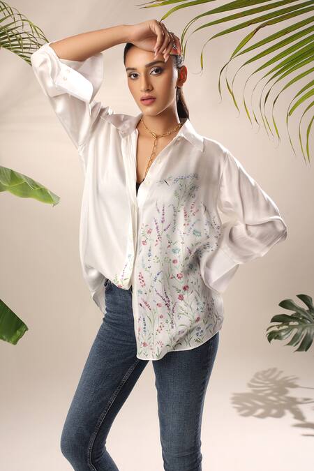Shop Kyra By Nina + Deepika Ivory Modal, Satin Collared Summer Garden Hand Painted Shirt Online at Aza Fashions Shop_Kyra By Nina + Deepika_Ivory Modal, Satin Collared Summer Garden Hand Painted Shirt _Online_at_Aza_Fashions