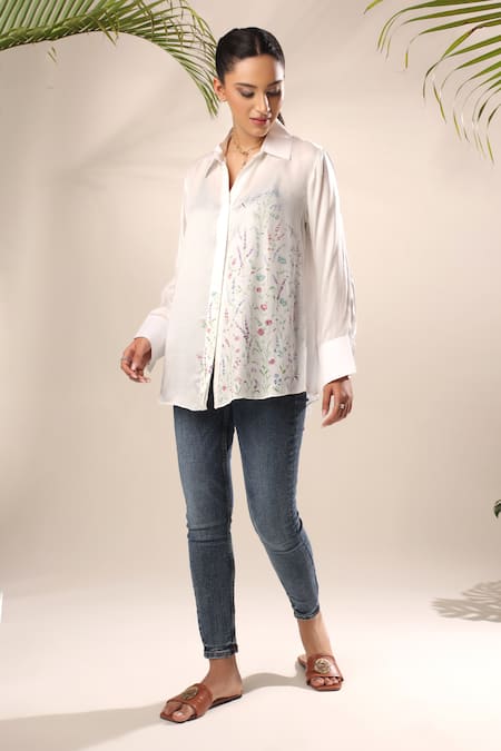 Kyra By Nina + Deepika Ivory Modal, Satin Collared Summer Garden Hand Painted Shirt