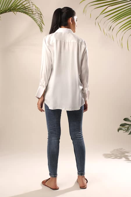 Shop Kyra By Nina + Deepika Ivory Modal, Satin Collared Summer Garden Hand Painted Shirt at Aza Fashions Shop_Kyra By Nina + Deepika_Ivory Modal, Satin Collared Summer Garden Hand Painted Shirt _at_Aza_Fashions