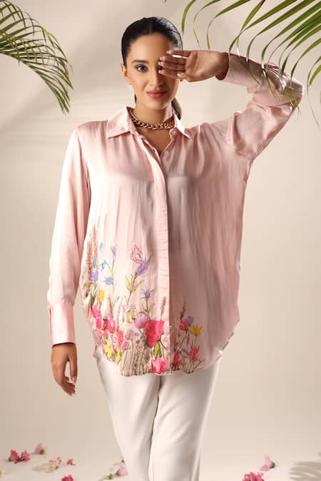 Kyra By Nina + Deepika_Pink Modal, Satin Collared Take Me To The Dreamland Hand Painted Shirt _Online_at_Aza_Fashions