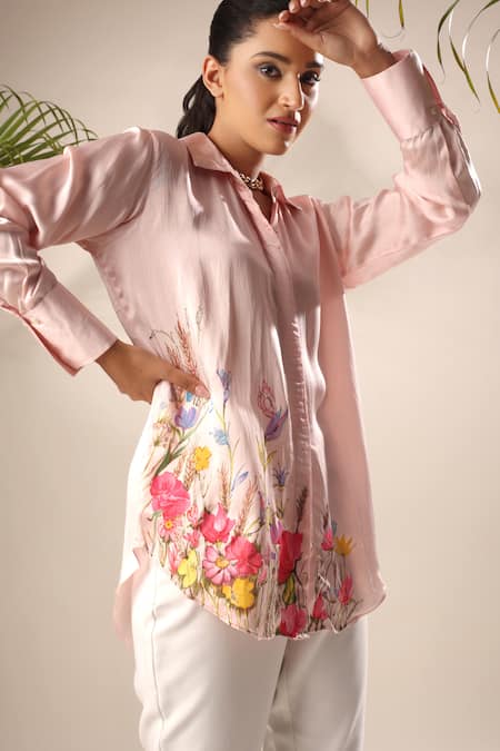 Shop_Kyra By Nina + Deepika_Pink Modal, Satin Collared Take Me To The Dreamland Hand Painted Shirt _Online_at_Aza_Fashions