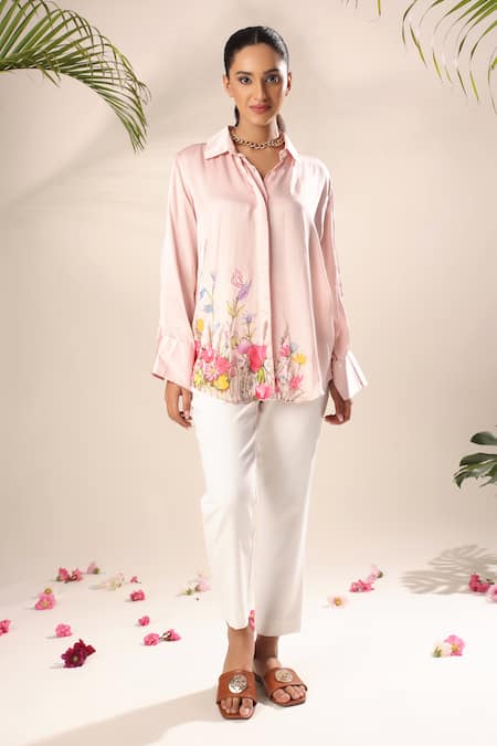 Kyra By Nina + Deepika Pink Modal, Satin Collared Take Me To The Dreamland Hand Painted Shirt