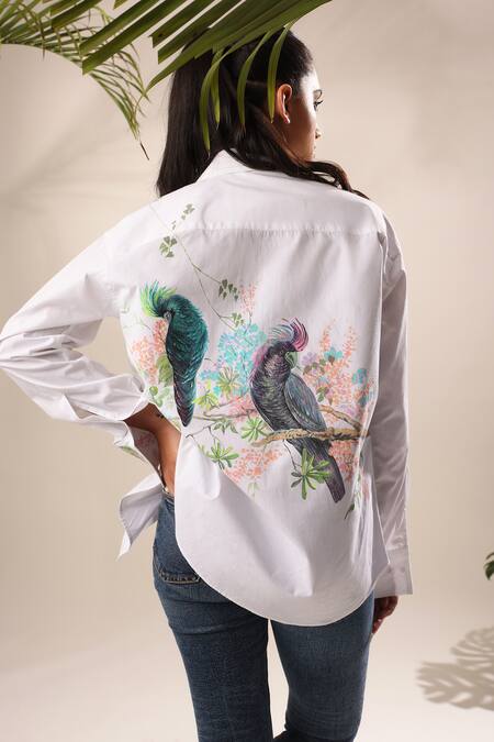 Shop Kyra By Nina + Deepika White Cotton Collared Tales Of Cockatoo Hand Painted Shirt Online at Aza Fashions Shop_Kyra By Nina + Deepika_White Cotton Collared Tales Of Cockatoo Hand Painted Shirt _Online_at_Aza_Fashions