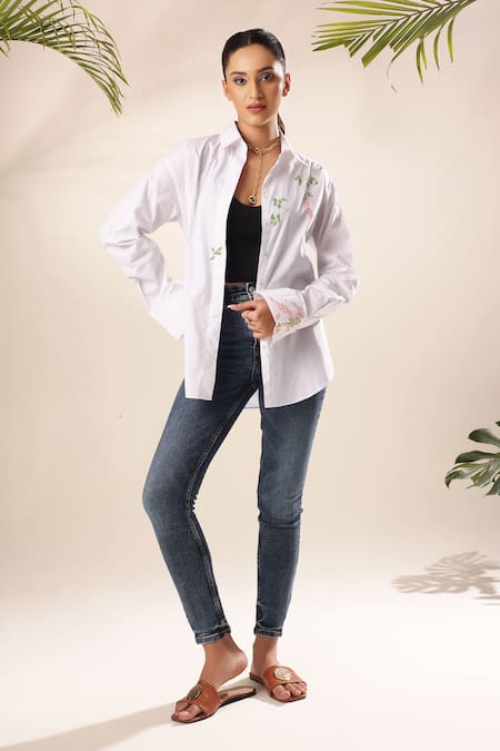 Kyra By Nina + Deepika White Cotton Collared Tales Of Cockatoo Hand Painted Shirt