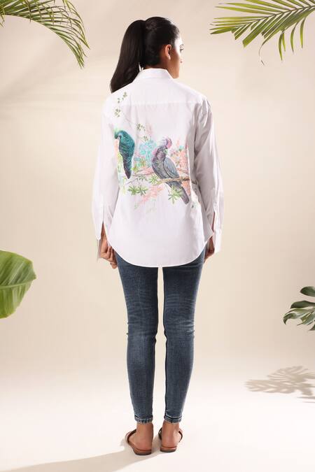 Shop Kyra By Nina + Deepika White Cotton Collared Tales Of Cockatoo Hand Painted Shirt at Aza Fashions Shop_Kyra By Nina + Deepika_White Cotton Collared Tales Of Cockatoo Hand Painted Shirt _at_Aza_Fashions
