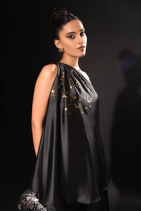 Buy Kyra By Nina + Deepika Black Silk, Satin One Shoulder Talking To The Stars Hand Painted And Pant Set Online at Aza Fashions Buy_Kyra By Nina + Deepika_Black Silk, Satin One Shoulder Talking To The Stars Hand Painted And Pant Set _Online_at_Aza_Fashions