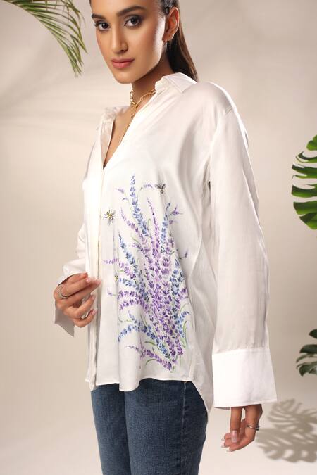 Buy Kyra By Nina + Deepika Ivory Modal, Satin Embroidery Collared Flower Hand Painted Shirt Online at Aza Fashions Buy_Kyra By Nina + Deepika_Ivory Modal, Satin Embroidery Collared Flower Hand Painted Shirt _Online_at_Aza_Fashions