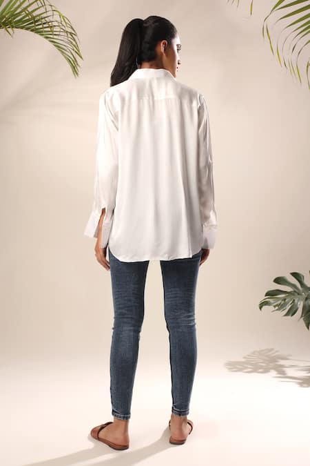 Shop Kyra By Nina + Deepika Ivory Modal, Satin Embroidery Collared Flower Hand Painted Shirt at Aza Fashions Shop_Kyra By Nina + Deepika_Ivory Modal, Satin Embroidery Collared Flower Hand Painted Shirt _at_Aza_Fashions