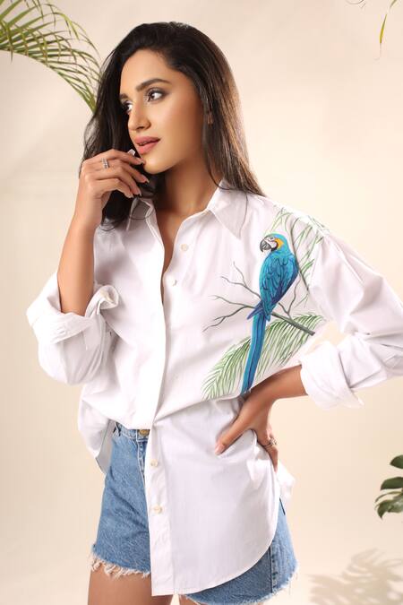 Kyra By Nina + Deepika_White Cotton Collared The Mighty Macaw Bird Hand Painted Shirt _Online_at_Aza_Fashions