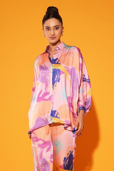 Kyra By Nina + Deepika Multi Color Modal, Satin Collared Shirt And Pant Set Online at Aza Fashions Kyra By Nina + Deepika_Multi Color Modal, Satin Collared Shirt And Pant Set _Online_at_Aza_Fashions