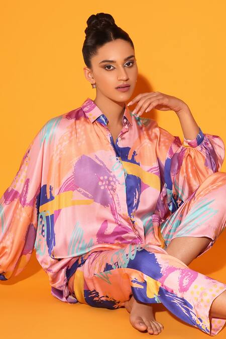 Kyra By Nina + Deepika Multi Color Modal, Satin Collared Shirt And Pant Set at Aza Fashions Kyra By Nina + Deepika_Multi Color Modal, Satin Collared Shirt And Pant Set _at_Aza_Fashions